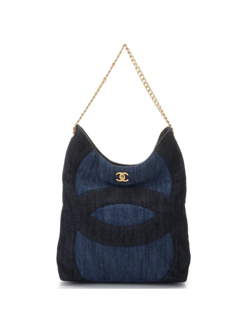 Chanel Shoulder Bag CC Logo Chain Navy Black Gold Denim
